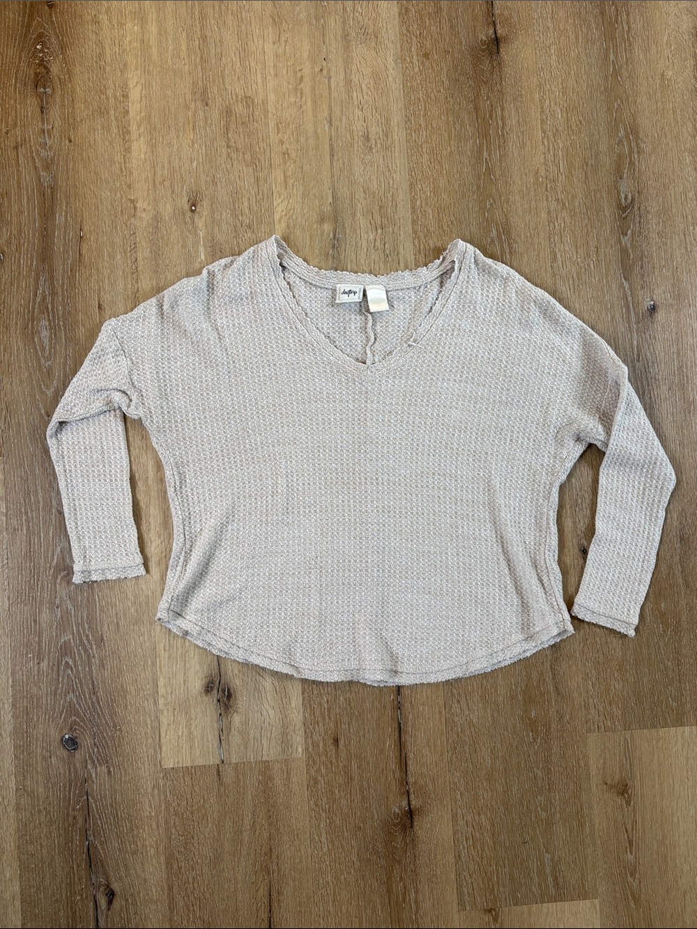 Beige Long-Sleeve Waffle Knit V Neck Top